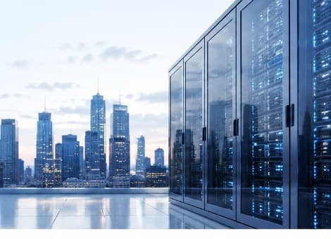 Data center server racks with city skyline